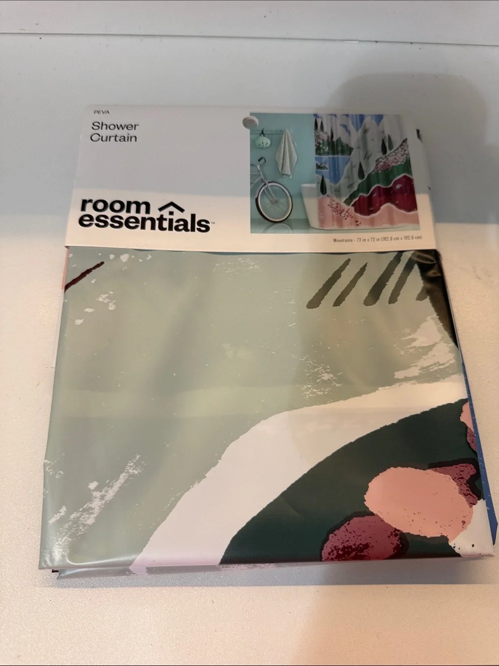 Room Essentials Sage, Pink & Dark Green Abstract Shower Curtain